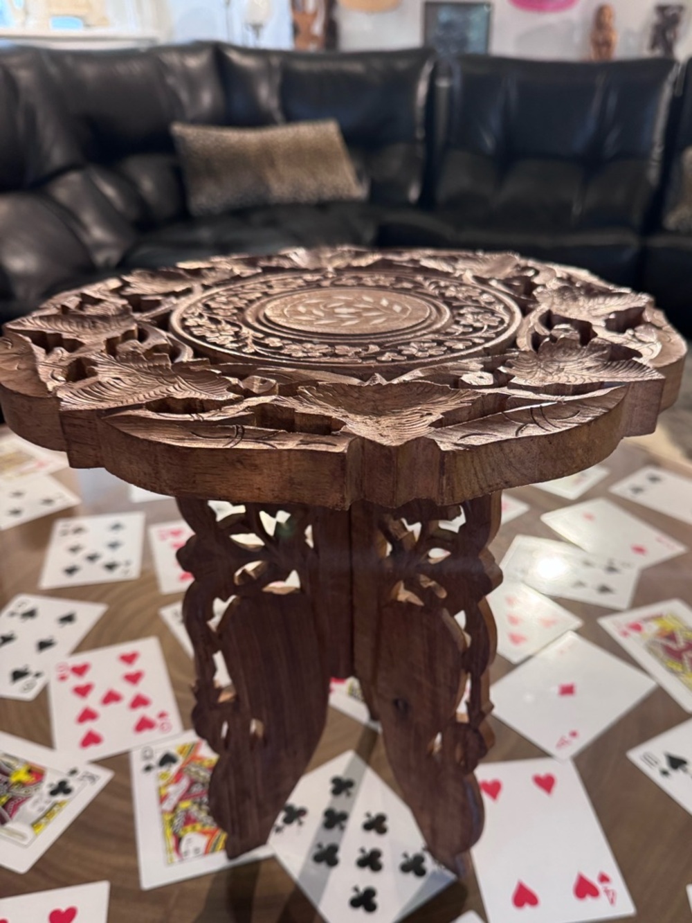 Vintage hand-carved wooden folding table